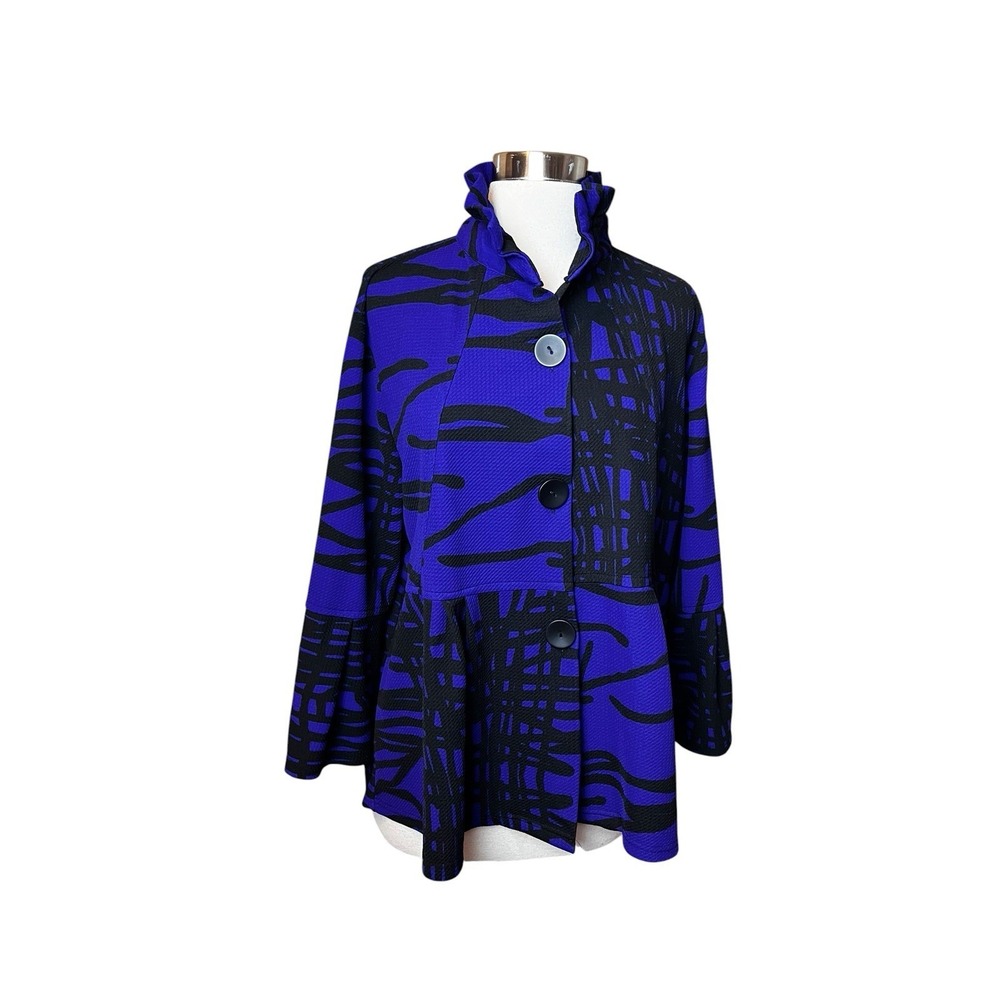 Damee Inc Top XL Blue Abstract Print Artsy Button Down Jacket Wired Collar